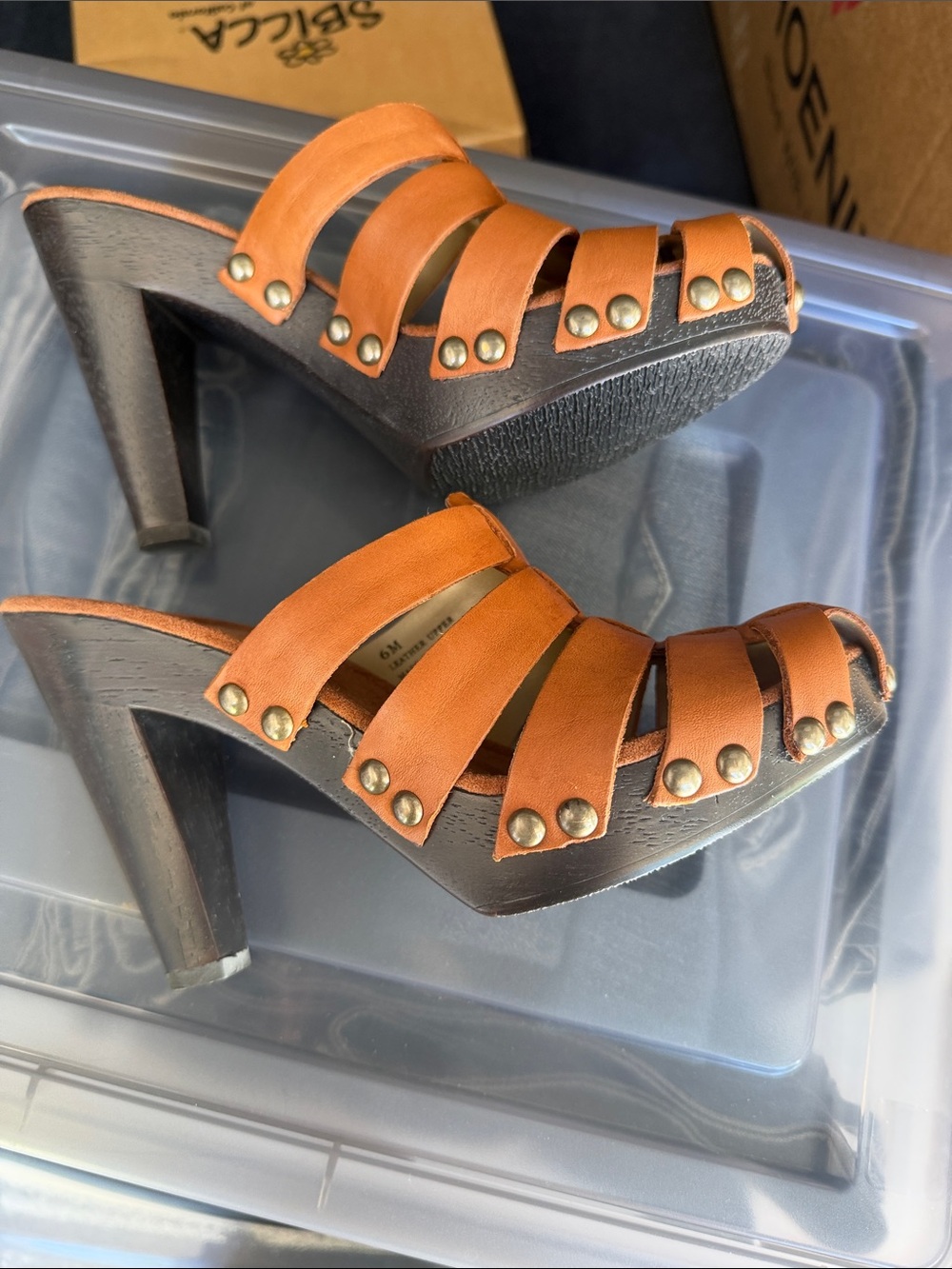 Sbicca of California Leather Woven High Heel Slide Sandals Size 6M - Picture 7 of 8